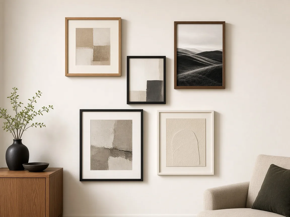 Illustrative gallery wall with rectangular frames in oak, walnut, black, and white