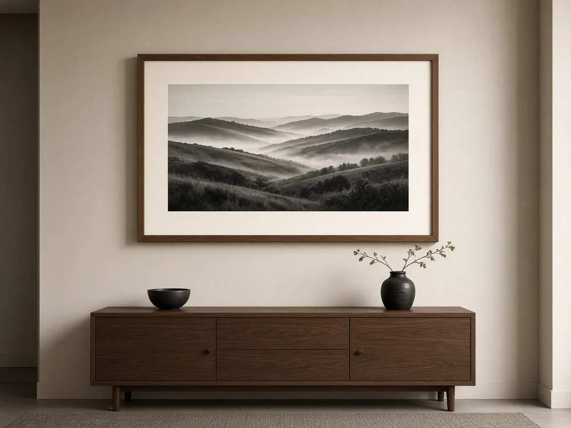 Wide black-and-white landscape photograph in a walnut rectangle frame with a warm white mat