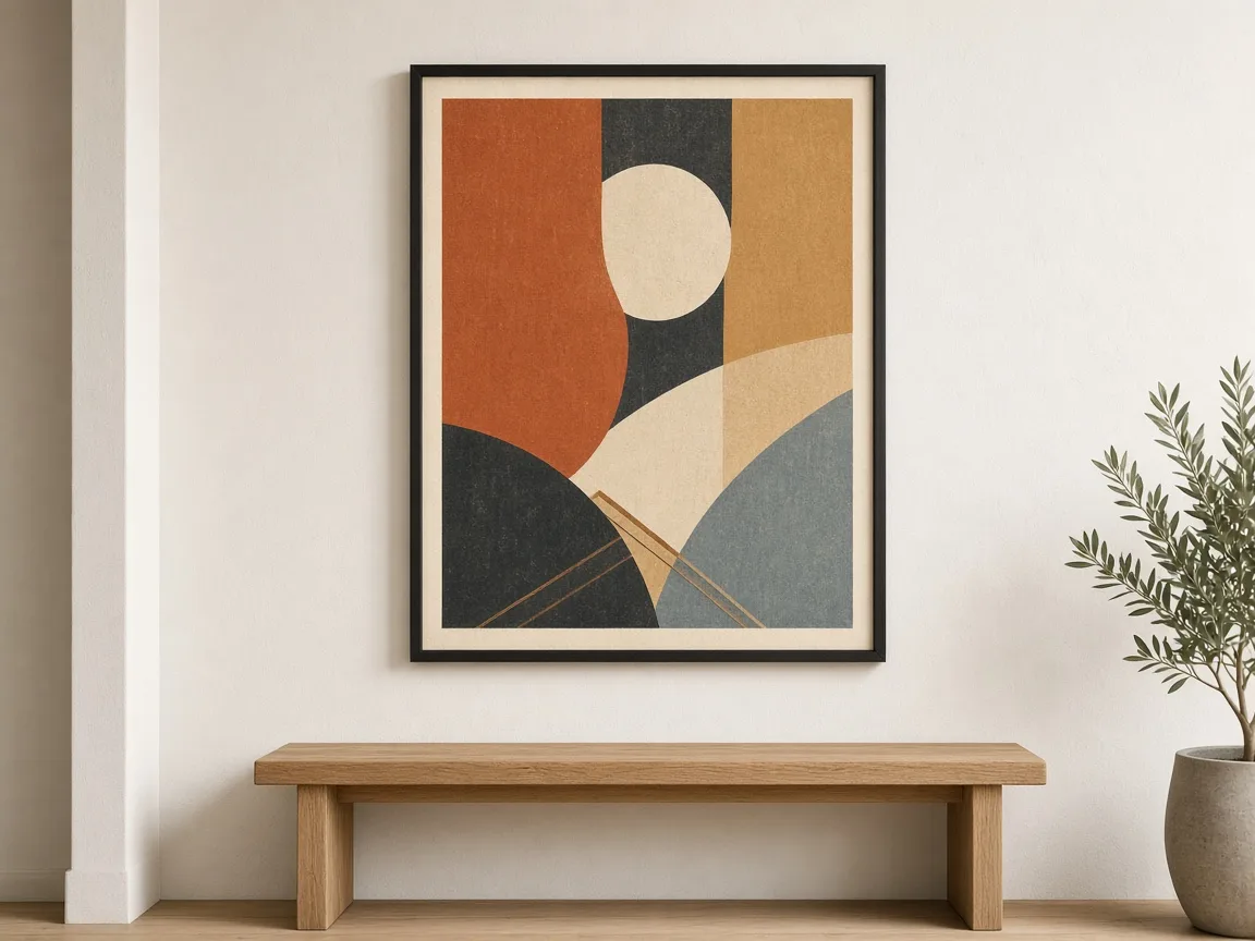 Geometric poster in a slim matte black rectangle frame above an oak bench