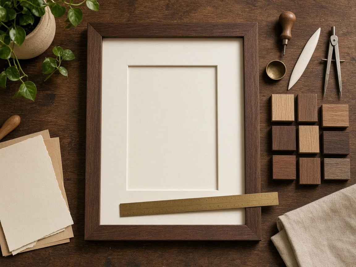 Framing workbench with a walnut frame, mat board, tools, and wood finish samples